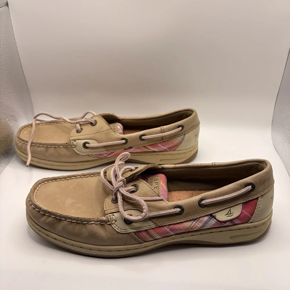 Sperry Top-Sider Women's 9M Tan Leather Pink Plaid Boat Shoes Loafers
